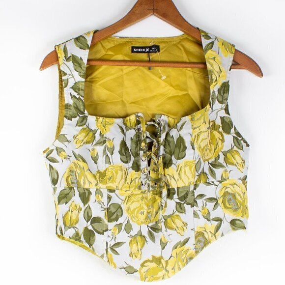 Shein Yellow Green White Floral Crop Top - Raw Hem - Laced Up - Medium - Picture 1 of 8